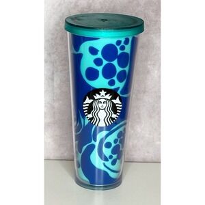 Starbucks Tumbler 24 oz Mint Teal Blue Abstract Swirl Dots 2014 W/lid No Straw